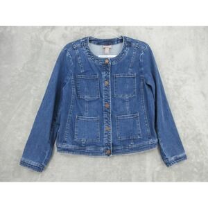 Chicos Jacket Womens Size 1 Medium Utility Dark Wash Denim Button Casual Classic